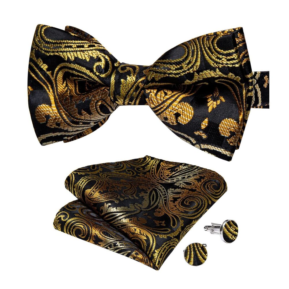 6864 Black Gold Bow Ties Silk Paisley Bowtie Adjustable Jacquard Woven Bow